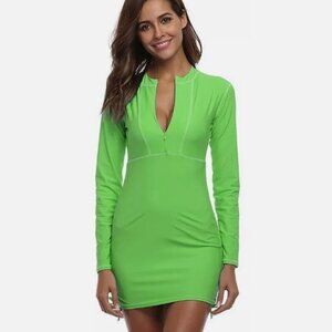 Athleta Swim XS Tidal Long Sleeve ZipUp Ruched Rash Guard Coverup Dress Green